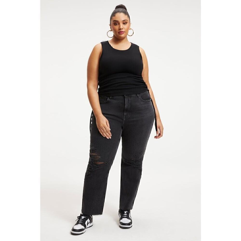 NWT Good American Distressed Raw Hem Straight Leg Nico Jeans Women's Black 4/27